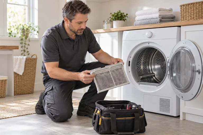 Technician checking a clothes dryer lint filter