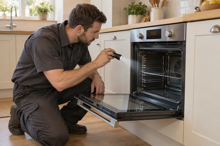Technician inspecting an electric oven