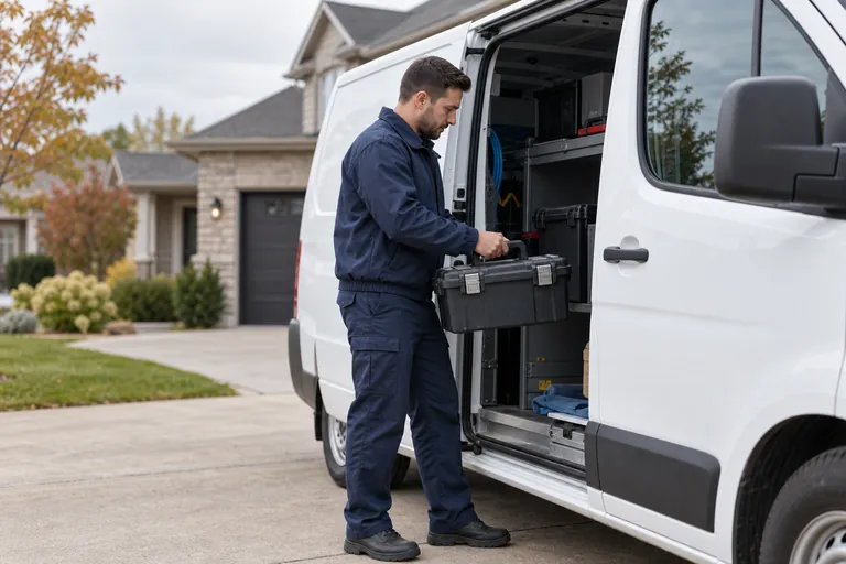 Appliance service technician preparing tools beside a service van