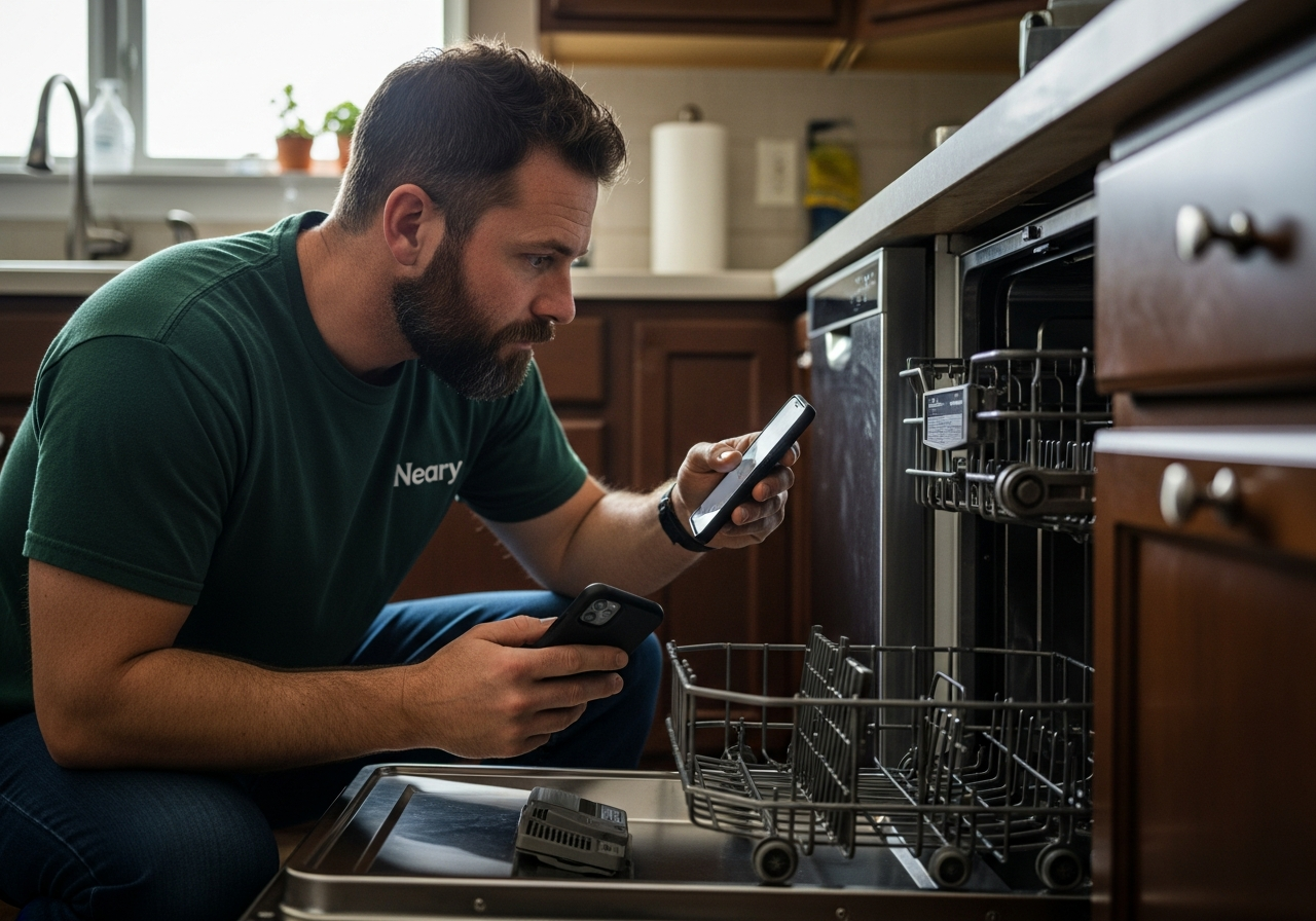 Neary lead technician repairing appliance in Calgary